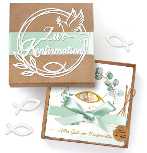 Konfirmation Geschenk Mädchen Junge,Geldgeschenke Verpackung Konfirmation Geschenkbox mit Konfirmationskarten und Holzfisch,Konfirmationsgeschenke für Jungs