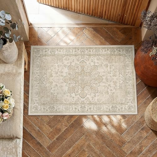 PureCozy Vintage Tapis Entree Beige 60x90cm Rug Lavable en Machine | Petit Rugs,Antidérapant,Chambre Enfant Carpets,Descente de Lit,Cuisine,Interieur Doux Poil Ras,Salle de Jeux Carpet
