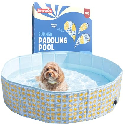 Rosewood Lemon Print Dog Paddling Pool 120cm – Claw-Resistant Pet Cooling Pool for Dogs, Foldable Dog Swimming Pool with Drain Valve, Durable PVC & Reinforced MDF Panels, Outdoor Summer Splash Pool