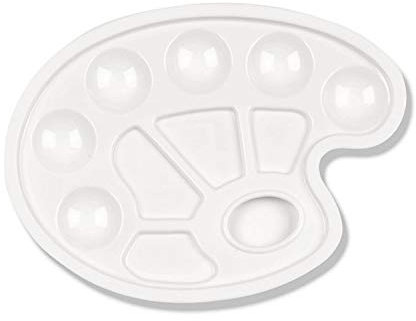 Stylex 28510 - Ovale Mischpalette in weiß aus Kunststoff, mit 6 Farbfeldern, 4 Mischfeldern und Griffloch, ca. 23 x 17 cm groß