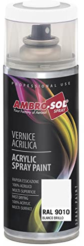 AMBRO-SOL - Pintura acrílica en spray, color Blanco Brillo 1, RAL 9010, resultado profesional en múltiples superficies, exteriores e interiores, 400 ml, El embalaje puede variar