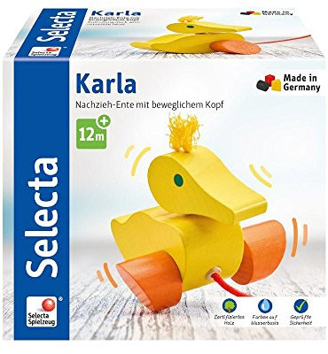 Selecta 62001 Karla, Nachzieh Ente, Schiebe-und Nachziehspielzeug aus Holz, 10 cm