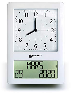 Analoge Großuhr mit vollständigem Datum und Uhrzeit auf digitalem Display - Die Viso50 von Geemarc stellt Sich automatisch EIN - Ideal für Senioren - Batteriebetrieben - Version DE