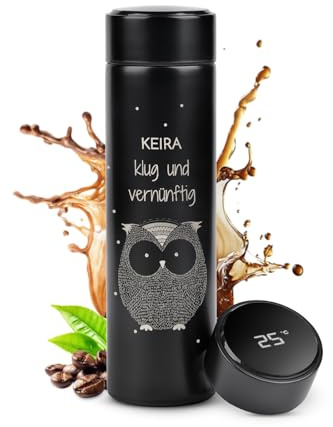 Maverton Thermobecher Kaffeebecher 450 ml - Isolierbecher personalisiert - 100% dicht - Led Temperatur Anzeige - aus Edelstahl - Geschenk für Frauen - Weihnachtsgeschenke - schwarz - Eule