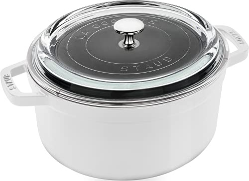STAUB Cast Iron Dutch Oven 4-qt Round Cocotte with Glass Lid, Made in France, Serves 3-4, White