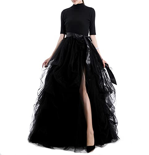 Qmker Women's Long Maxi Tulle Wedding Skirt Floor Length Special Occasion Bustle Night Out fold Skirt Layered Split Princess X-Small Black