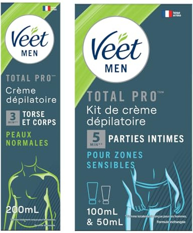 Veet Men - Lot de 1 Kit d'Epilation Parties Intimes - Crème Dépilatoire 100 ml et Baume de Soin 50 ml - 1 Crème Dépilatoire Peaux Normales 200 ml