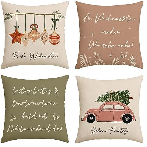 Artoid Mode Kugeln Baum LKW Motto Schöne Feiertage Frohe Weihnachten Kissenbezüge 4er Set, 45x45cm Winter Zierkissenbezug Couch Wohnzimmer Deko