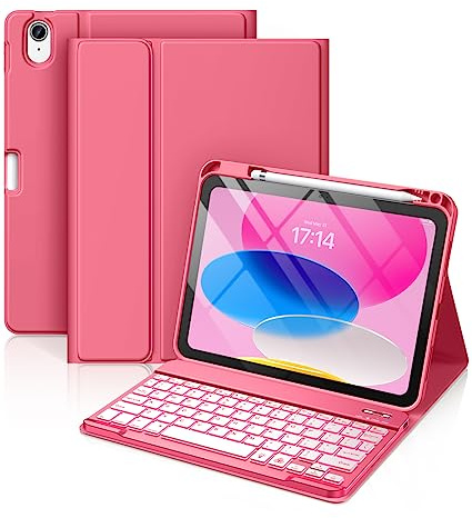 Hamile for iPad 11th 10th Generation Case with Keyboard - 7 Colors Backlit Wireless Detachable Folio Keyboard Cover with Pencil Holder for iPad 11-inch A16 2025 10th Gen 10.9 Inch 2022 (Pink)