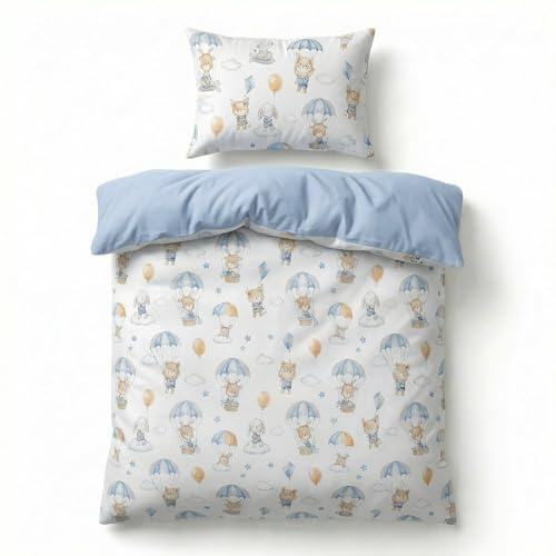 Baby Safe Housse de Couette pour Lit Bébé 120 x 90 cm 100% Coton Biologique Certifié Oeko-TEX Draps Simples pour Enfants Parure de Lit Ballon Bleu