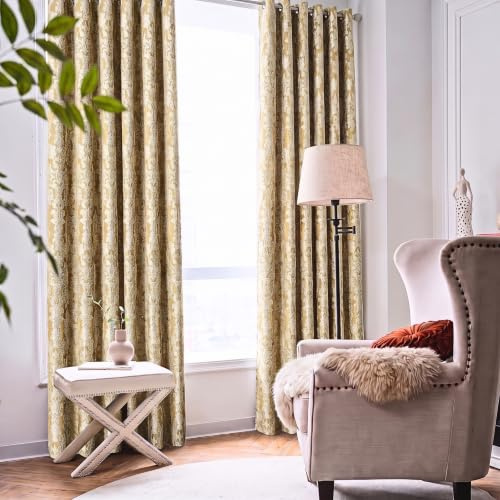 OpulentDreams Jacquard Curtains - Heavy Ring Top Window Curtains for Bedroom & Living Room - Fully Lined - Includes Two Tie Backs - Pair of Panels (Leaf Gold - Eyelet, 90 x 90 (228 x 228 cm))