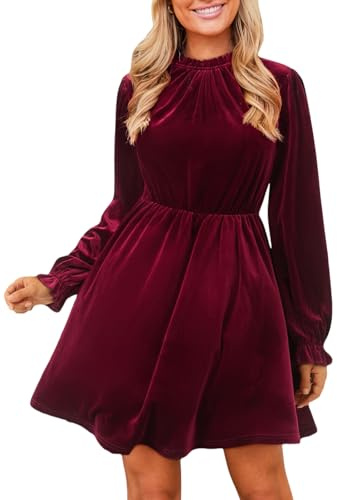 CUPSHE Robes d'automne 2025 à col haut et manches longues pour femme, mini robe tunique décontractée à volants en velours pour invitées de mariage, bordeaux, Taille M