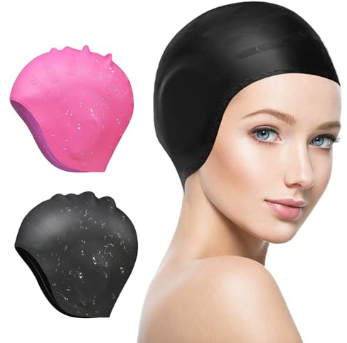 Swimming Cap for Women Men, 2 Pack Large Silicone Swim Cap for Long/Short Hair with 3D Ear Protection, Waterproof Swimming Hats, Stretchable and Non-Slip Swim Cap for Adult Boys and Girls