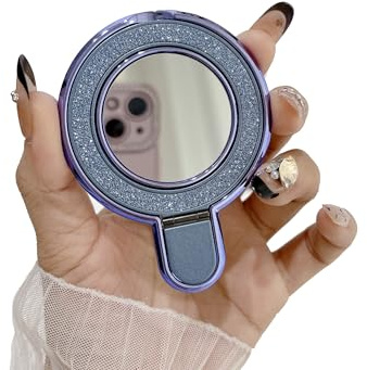 Dzxin Soporte de Anillo para Teléfono, Soporte para Phone con Espejo Incorporado, Agarre Ajustable, Accesorios para Teléfono para Niñas y Mujeres (Azul)