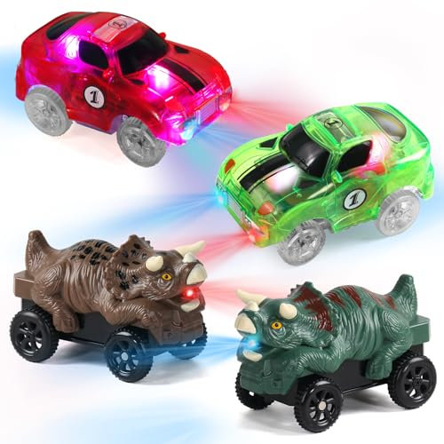 Spielzeug ab 3 Jahre Dinosaurier Cars Spielzeug ab 4 Jahre Junge mit LED Blinkenden Lichtern Auto Glow in The Dark Kompatibel mit Autorennbahn Kindertag Geschenk Junge Mädchen 3 4 5 Jahre