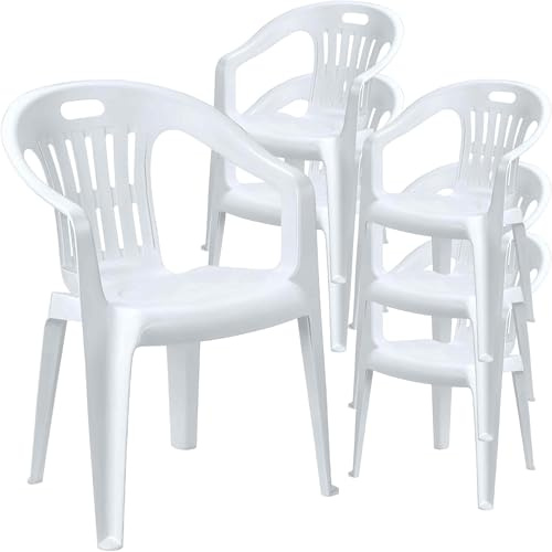 Sicignano | Sedia da Giardino in Plastica, Poltrona Piona, Sedia con Braccioli da Esterno, con Schienale Basso, Impilabile, Leggera, Facile da Pulire, 56x55x78h cm (6, Bianco)