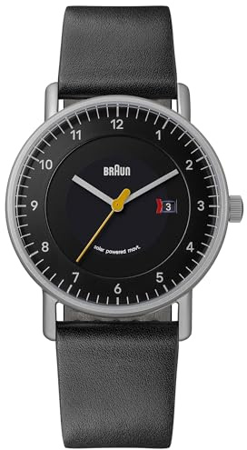 Braun 3-Zeiger-Herrenuhr mit solarbetriebener Datumsanzeige, schwarzem Zifferblatt und schwarzem Lederarmband, 40-mm-Edelstahlgehäuse, Modell BN0301BKSLBKG