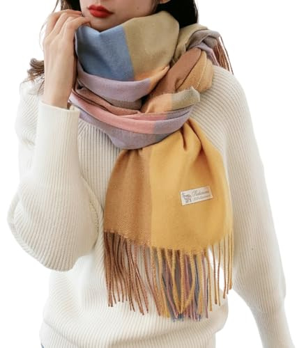 Bufandas Mujer Invierno Grande a Cuadros de invierno con tacto de cachemira para mujer Cachemira sintética Chal Cálido Moda Largas Bufandas Mujer Invierno de Punto con Flecos para Mujeres Hombres
