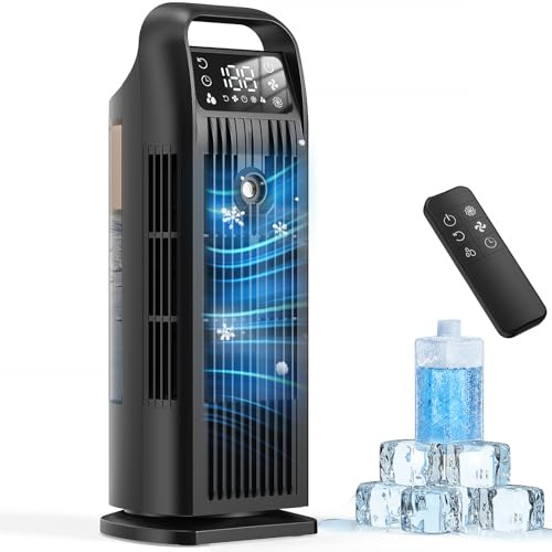 Aire Acondicionado Portátil sin Tubo, Climatizador 6 en 1 Mini Sin Instalación, Ventilador Torre Silencioso con Mando, 120° Oscilación, Depósito 1.2L, Temporizador 12H, Bajo Consumo, Negro Mate