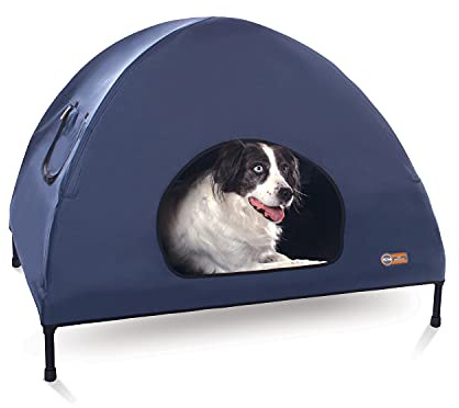 K&H Pet Products Pet Cot House for Large Dogs, Outdoor Elevated Dog Cot House, Enclosed Canopy, Window Flaps for Air Flow, Washable Cover, Raised Metal Frame, Collapsible - Large 42 X 30in Blue