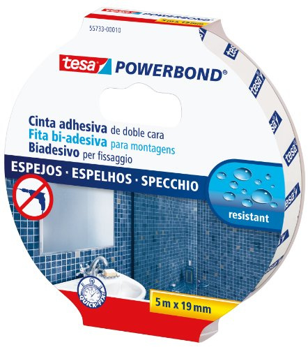 tesa Powerbond Cinta Doble Cara ESPEJOS, Cinta Doble Cara para Espejos, Cinta Adhesiva Resistente a la Humedad para Baños y Duchas, 5 m x 19 mm