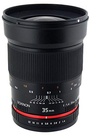 Rokinon 35 mm F1.4 UMC vidvinkellins för Sony E-Mount | Bioobjektiv ger smidigt manuellt fokus och konsekvent optisk prestanda för professionell videoproduktion.
