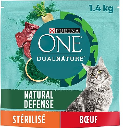 PURINA ONE | DualNature | Natural Defense | Chat Adulte Stérilisé | Croquettes riches en Spiruline: Aide à renforcer les défenses naturelles| Empreinte carbone réduite | Bœuf | Sac | Lot de 1 x 1,4 Kg