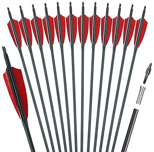 Obert 30 Zoll Bogenpfeile Carbon Pfeile Spine 600 mit 4 Rot und Schwarz Naturfeder für Bogenschießen, Jagdpfeile für Recurvebogen, Langbogen und Traditionellen Bogen (24 Stück)