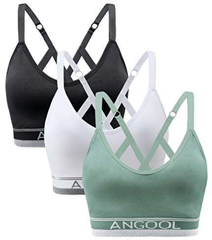 ANGOOL Sport BH Damen Einstellbarer Schultergurt Sport Bustier Damen Gepolstert Starker Halt Nahtlose Joggen Yoga Fitness Bra, 3er Pack, Schwarz + weiß + grün, S