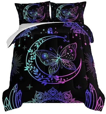 HOSIMA Butterfly Comforter Set 3Piece with 2 Pillowcases,Black Comforter Butterfly Aesthetics Room Decor,Boho Mandala Comforter Butterfly Bedding Set for Girls,Bohemian Full Size Bed in a Bag Set.