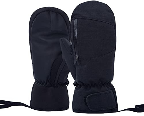 Jannity Ski-Fäustlinge für Damen, Golfhandschuhe für Herren, wasserdichte Touchscreen-Handschuhe mit Reißverschlusstasche für Winter, Snowboard, Schneemobil (schwarz)
