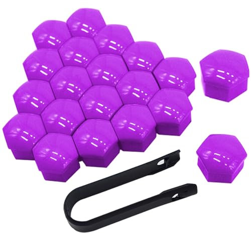 QitinDasen 20 Pezzi 21 mm Auto Ruote Copridado, Tappo Dado Bullone Ruota, Tappo a Vite Mozzo Ruote Auto Universale, Coperchio Dado Pneumatico Esagonali con Strumento di Rimozione (Viola)