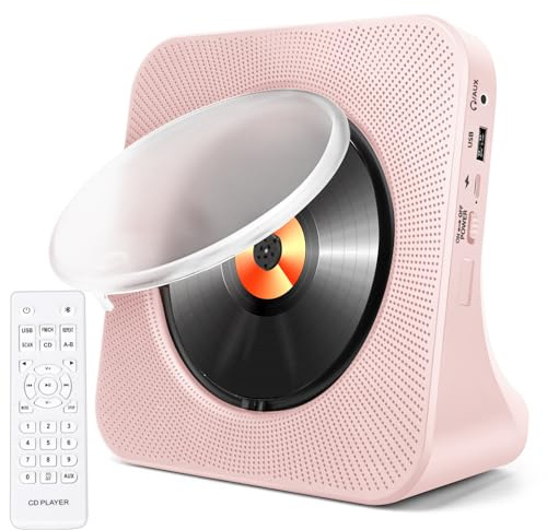 Bärbar CD-spelare med bluetooth, HoneTeek stationära CD-spelare för hem med HiFi-högtalare, CD-musikspelare med fjärrkontroll, timer och FM-radioboombox, USB och AUX, LED-skärm (rosa)