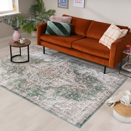 FRAAI | Home & Living Volero Orientteppich - Leyla Medaillon Grün - Polypropylen - Kurzflor - Vintage - Orientalisch, Wohnzimmer, Esszimmer, Schlafzimmer
