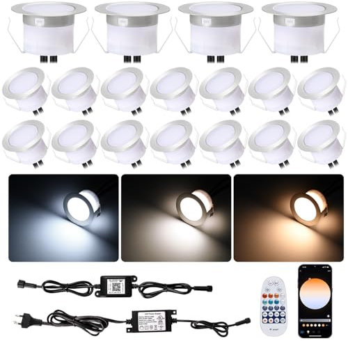 20er WIFI CCT Warmweiß Kaltweiß Led Treppenbeleuchtung, Ø45mm 12v Led Mini Spot Bodeneinbaustrahler Aussen Led Bodeneinbauleuchten, IP67 Wasserdicht, APP Steuerbar, Kompatibel mit Alexa Google Home