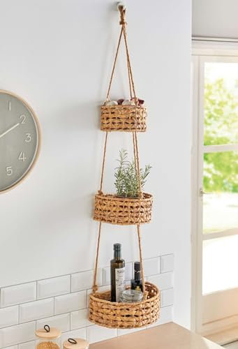 Dekoleidenschaft Hängeetagere Wasserhyazinthe mit 3 Körben, 90 cm hoch, Obstkorb hängend, Hängekorb, Gemüsekorb, Obst-Etagere, Hängeobstkorb zur Wandmontage, Obsthängekorb, Küchenampel
