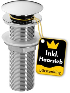 Borstking avloppsarmatur handfat – avloppsventil med hårsil – för tvättställ och tvättställ – 1 1/4 tum anslutningsgänga – push-ope-funktion – utan överlopp – 12 cm – ø 66 mm – krom silver