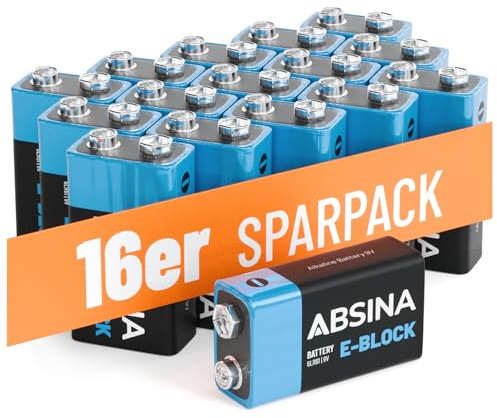 ABSINA Pilas 9v alcalinas | Paquete de 16 - Battery Duradera y a Prueba Fugas para detectores Humo y más - 6LR61