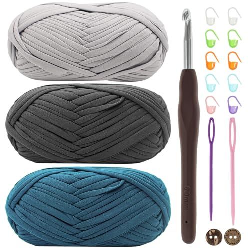 Renyiz Stickgarn för t-shirts, bandgarn för virkning och stickning, textilgarn, 3 x 100 g, tjockt polyestergarn med en virknål på 6 mm för virkade väskor, korgar, mattor, dekorationer