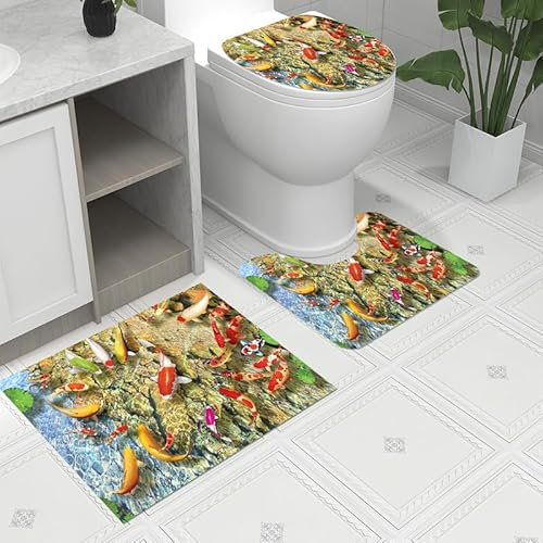 Badezimmerteppich Gelber Rotfisch WC Vorleger mit Ausschnitt WC Deckelbezug 3 Teiliges WC Teppich rutschfeste Badgarnitur U förmiger Badematte Waschbar Bad Teppiche Set 50x80 cm