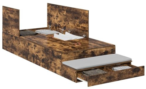 vidaXL Stauraum Bettgestell Rauch Eiche 90X190 cm Holzwerkstoff Reichlich Schubladen