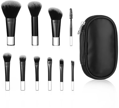 Juego de 10 mini brochas de maquillaje de viaje con bolsa, brochas de maquillaje portátiles de viaje negras para base, sombra de ojos, polvo, rubor, contorno y corrector