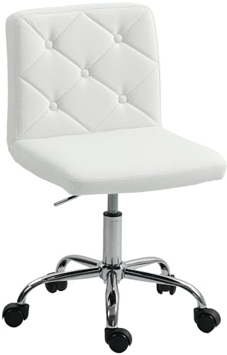 HOMCOM Sedia da Ufficio ad Altezza Regolabile con Rivestimento a Bottoni e Ruote Girevoli, Sedia per Scrivania in Pelle PU, Schiuma e Acciaio, 44x50x78-88 cm, Bianco