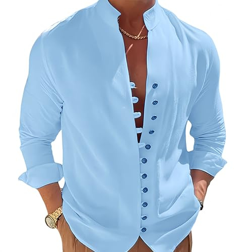 Men Summer Casual Cotton Blend Linen Long Sleeve Shirts Stand-Up Collar Single Breasted Slim Shirts Tops Camisas Male Blue M