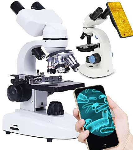 DEEguess Microscopio Compuesto Binocular Led 40x-10000x, con Juego De Portaobjetos De Microscopio/Adaptador De TeléFono, para Adultos, NiñOs, Laboratorio Escolar, EducacióN En El Hogar