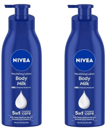 NIVEA Nourishing Body Milk Richly Caring Lotion 48 Hour Deep Moisture for Very Dry Skin – Almond Oil + Deep Moisture Serum – Fast-Absorbing, Non-Greasy Rich Cream 400ml, Pack of 2
