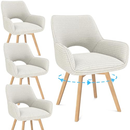 WAFTING Chaise Pivotante 360°Salle à Manger Lot de 4, Pieds en Bois, Beige | Hêtre,Chaise Velours,Chaises de Cuisine,Dossier haut,accoudoirs,Chaise Bouclette,Salon,salle à manger,salle de réunion,hôtel