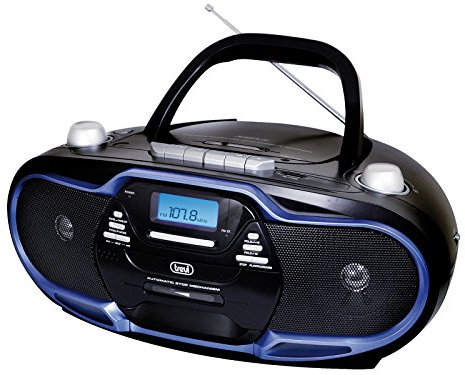 Trevi CMP 574 USB – Boombox microcadena portátil con radio AM / FM, reproducción de CD, MP3, USB, cassette y salida para auriculares. - Color negro y detalles en azul