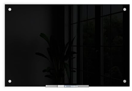 U Brands Glass Dry Erase Board, 24 x 36, Black Surface with Silver Grommets, Frameless, Includes Marker with Built-in Eraser