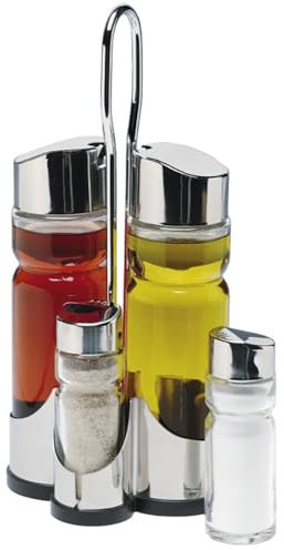 LS Kitchen - Glass Oil and Vinegar Set - Cruet Set Salt and Pepper Shakers & Oil and Vinegar Bottles - Cruet Set and Stand - 4 Pieces